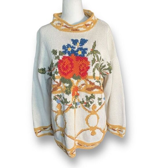 Vintage 90s Oatmeal Floral Embroidered Mock Neck Neutral Pullover Knit Sweater - Picture 1 of 14